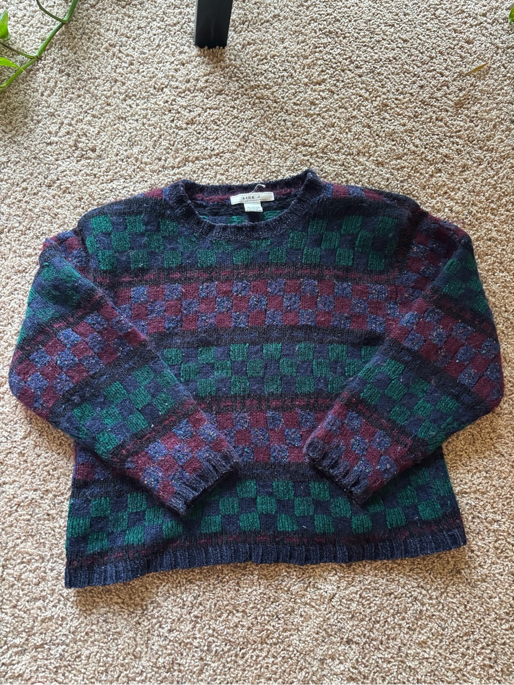 Vintage 90s Checkerboard Crewneck Sweater in Green & Burgundy - Women
